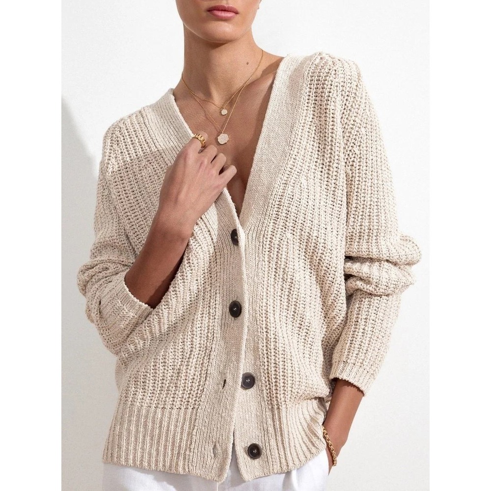 Brochu Walker Jen Cardigan Ecru Cotton Linen Ribbed Sweater Size L